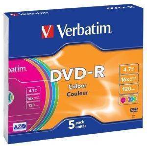 VERBATIM DVD-R 4.7GB 16X COLOUR SLIM CASE 5PCS