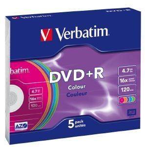 VERBATIM DVD+R 4.7GB 16X COLOUR SLIM CASE 5PCS