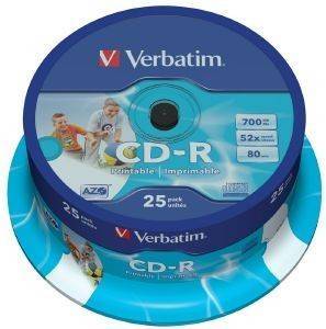 VERBATIM CD-R 80MIN - 700 MB 52X WIDE PRINTABLE CAKEBOX 25PCS