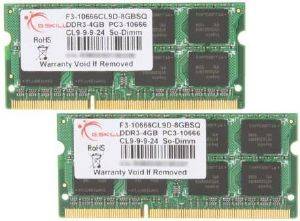 G.SKILL F3-10666CL9D-8GBSQ 8GB (2X4GB) SO-DIMM DDR3 PC3-10666 1333MHZ DUAL CHANNEL KIT