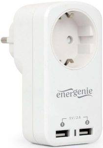 ENERGENIE EG-ACU2-01-W SINGLE AC SOCKET PASS-THROUGH USB CHARGER X2 2.1A WHITE