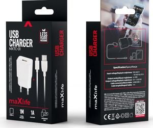 MAXLIFE UNIVERSAL TRAVEL CHARGER MXTC-01 USB 1A + TYPE-C CABLE WHITE
