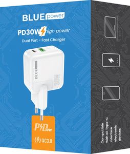 BLUE POWER WALL CHARGER 30W 3A 1X USB-A + 1X TYPE-C WHITE