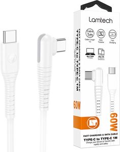 LAMTECH TYPE-C TO TYPE-C 60W ANGLED DATA & CHARGE CABLE 1M WHITE LAM114307