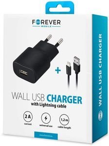 FOREVER TC-01 WALL CHARGER USB 2A + CABLE FOR IPHONE 8-PIN BLACK
