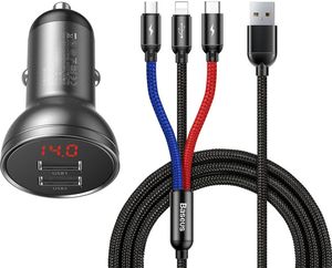 BASEUS CAR CHARGER 24W DISPLAY + USB CABLE 3-IN-1